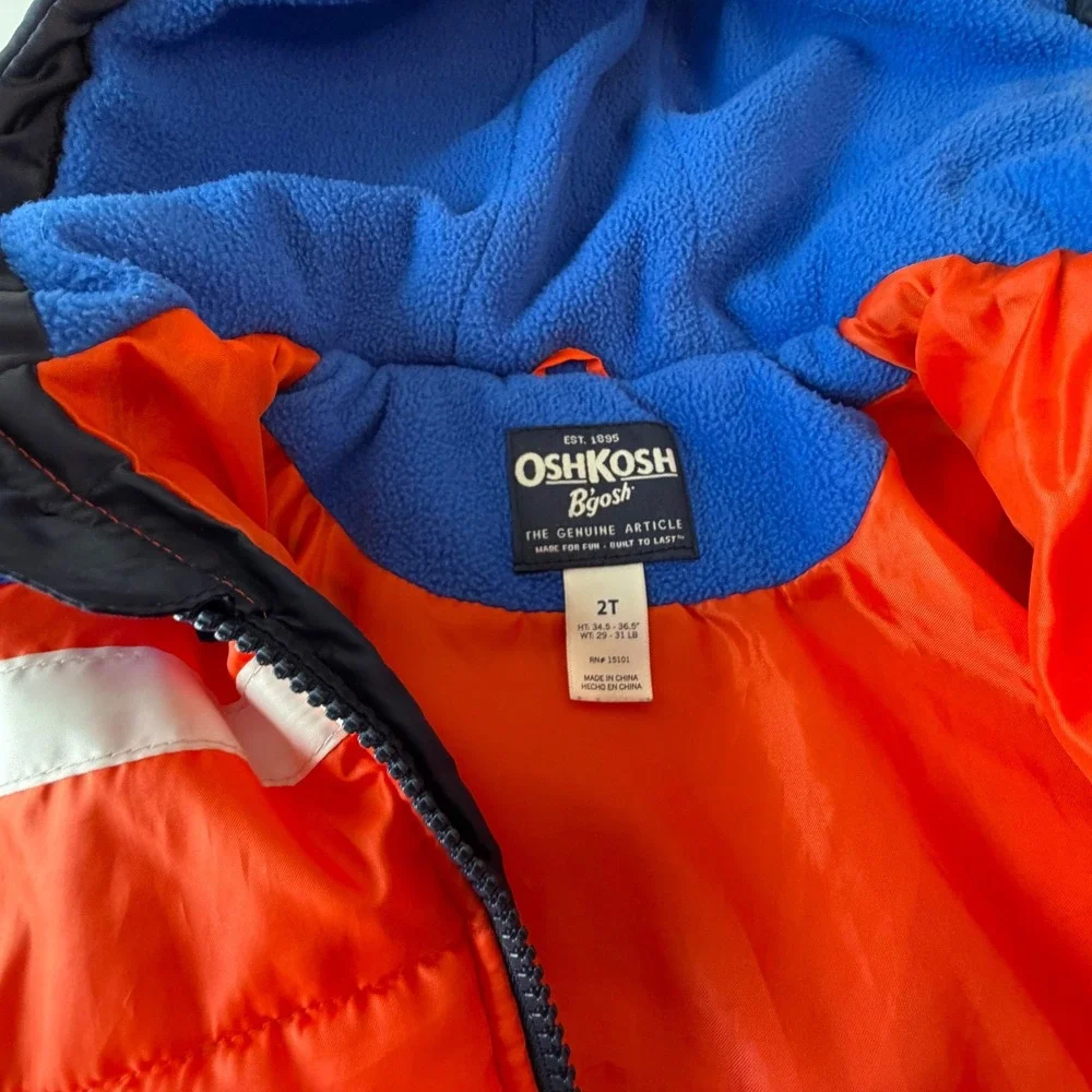 Oshkosh‎ B'Gosh Puffer Jacket Blue Orange White Hooded Full Zip 2T